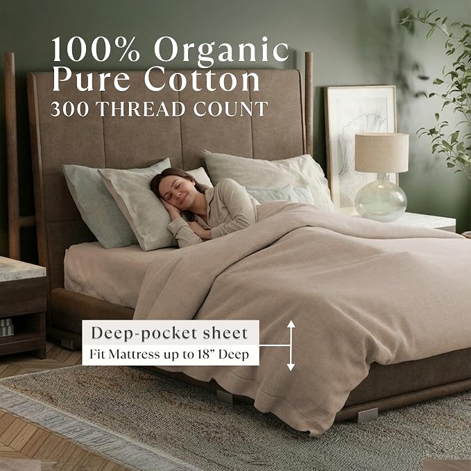 Delilah Home 100% Organic Cotton Duvet Cover, GOTS & Vegan.org Verified, Long Stem 300 TC Sateen Bedding, Non-Synthetic, Deep Pocket Fitted Linen, Lightweight, All-Season, 1 Piece King Size - Beige