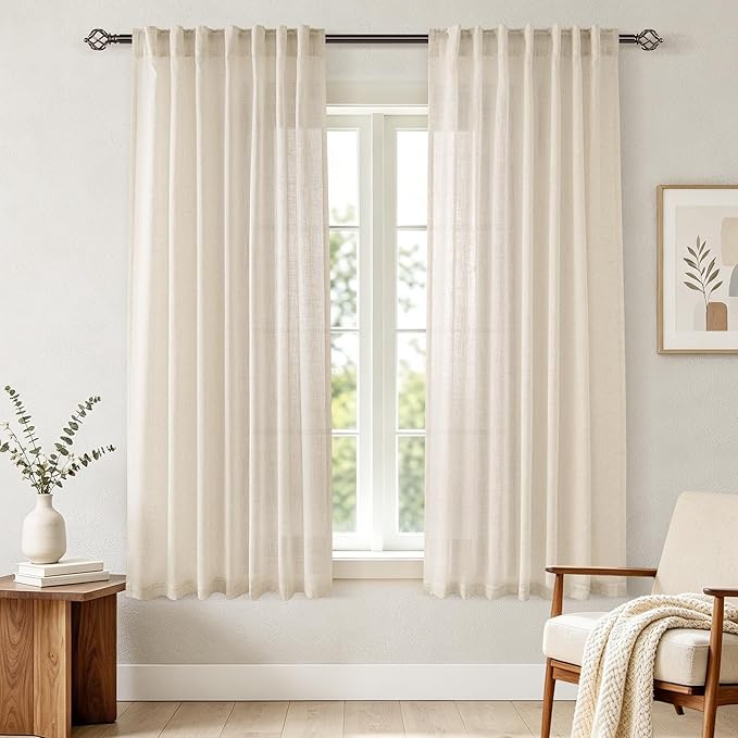 Apricot Linen Curtain 63 inch Length 2 Panels Set Back Tab Light Filtering Living Room Curtain Drapes Home Office Modern Minimalist Decor Farmhouse Boho Neutral Cream Semi Sheer Curtain 63 inch Long