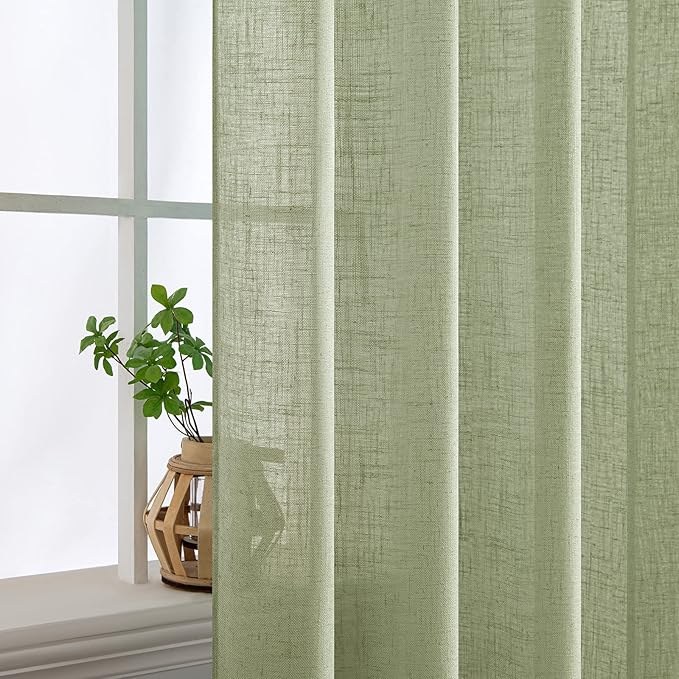 MIULEE Sage Green Linen Curtains 100 Inch Length 2 Panels for Bedroom Living Room, Soft Thick Linen Textured Window Drapes Semi Sheer Light Filtering Back Tab Rod Pocket Burlap Look Decor