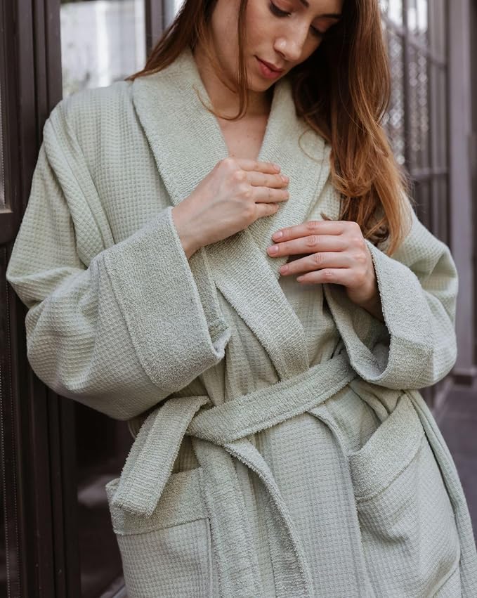 sea me at home Turkish Cotton Waffle Bathrobe, Luxury Spa Hotel Shawl Collar Robe for Women & Men, Plush Terry Inside
