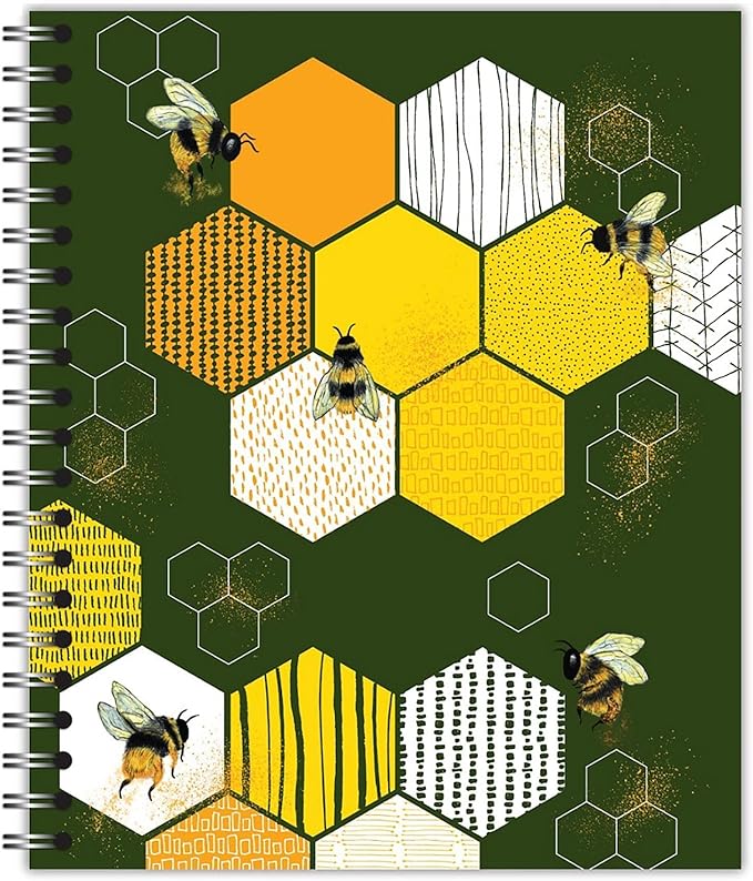 Large Spiral Bound Recycled Notebook, Bees Design, 11" x 9", 70 Sheets, Double-Wire, College Ruled, Vegan, Made in USA