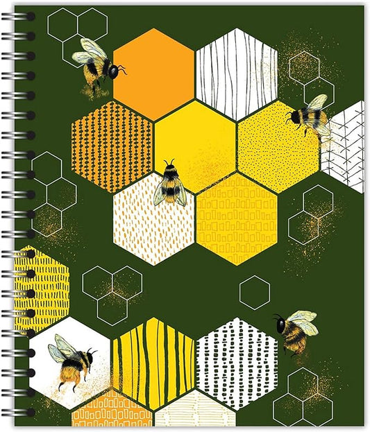 Large Spiral Bound Recycled Notebook, Bees Design, 11" x 9", 70 Sheets, Double-Wire, College Ruled, Vegan, Made in USA