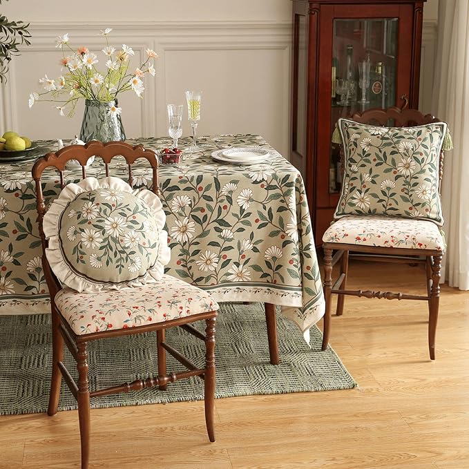 ISAENNE Design Square Green Floral Linen Throw Pillow Covers 18"x18" Pack of 2, White Simple Elegant Daisy Pattern Cushion Covers Decor Pillowcases for Bed,Living Room,Outdoor,Car