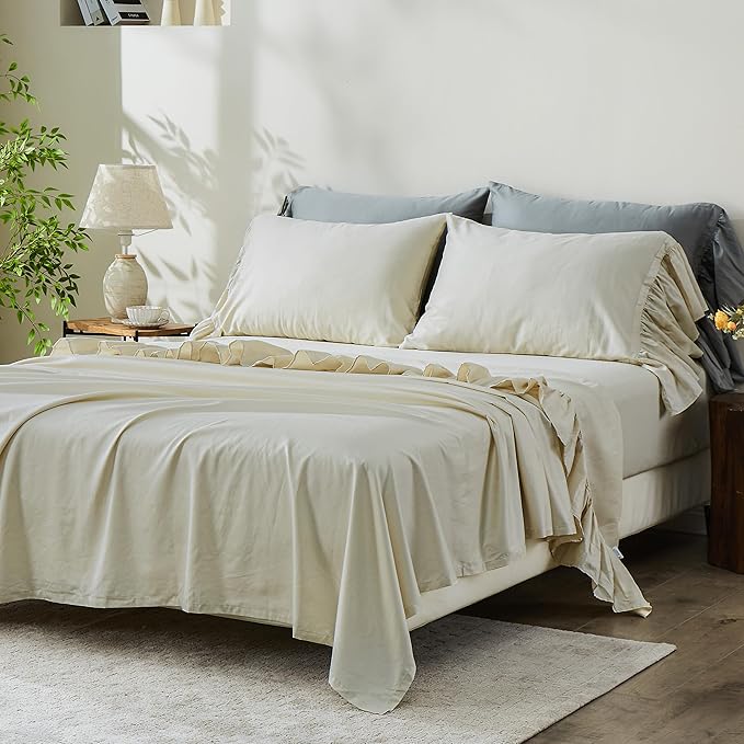 Simple&Opulence 100% Organic Cotton Sheet Set, Long Ruffle Bed Sheets (1 Flat Sheet, 1 Fitted Sheet and 2 Pillowcases) Elegant Shabby Chic Bedding Farmhouse Charming Vintage - Beige, Queen