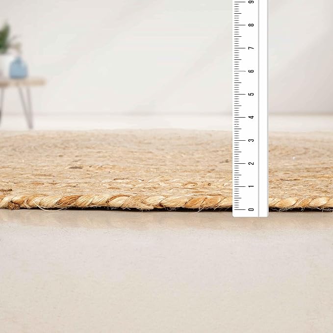THE BEER VALLEY Jute Braided Area Rug 8 Feet Round - Natural | Reversible Handwoven Circle Rug for Living Room, Bedroom, Nursery - Large Farmhouse Indoor Décor Floor Mat