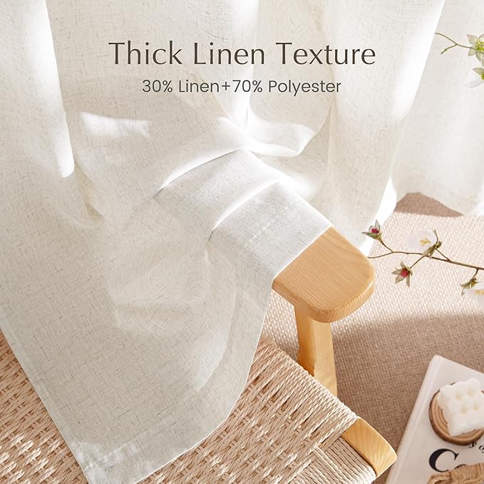 NICETWON Linen Curtains for Living Room, Rod Pocket & Back Tab Semi Sheer Window Treatments Light Filtering Drapes Privacy for Bedroom, Vannila, W55 x L96, 2 Panels