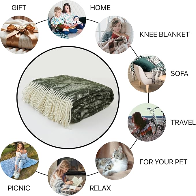 | Wool Blanket/Throw | 100% New Zealand Wool | Perfect for Home and Outdoors | Virgin Wool Blanket with Fringes 55"x79" (140 x 200 cm) (Emerald Leaves)