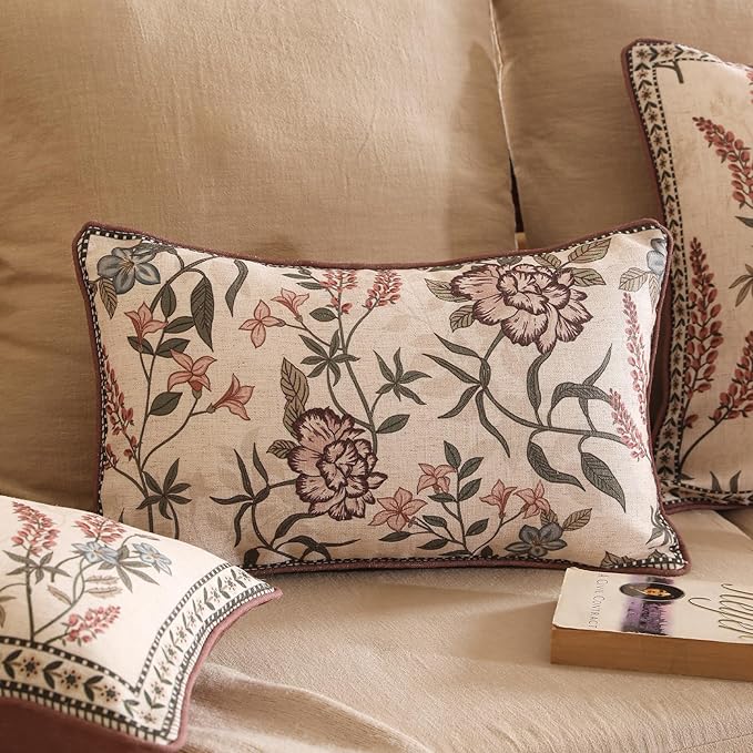 ISAENNE Design Linen Vintage Throw Pillow Covers 12"x20" Pack of 2, Rectangle Cushion Covers with Blue Pink Flowers Green Leaves Pattern Decoration Pillowcases for Bed,Living Room,Outdoor,Car