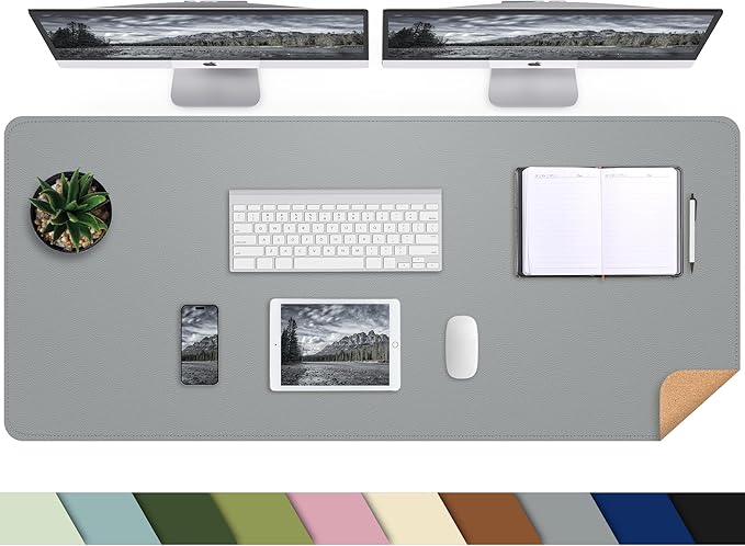 AFIING Leather Desk Pad Protector, 47" x 17" Large Desk Mat with Natural Cork & PU Leather, Mouse Pad, Non-Slip, Waterproof Desk Writing Pad for Office and Home (Light Gray)