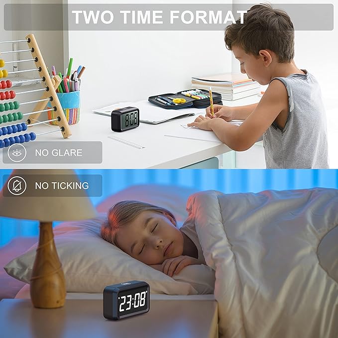 Alarm Clock Battery Operated with Hybrid 1.2'' LED / 1.8'' LCD Display, Auto Night Visible, Small Cordless Digital Clock for Bedroom Wall Desk Travel (White-Display)