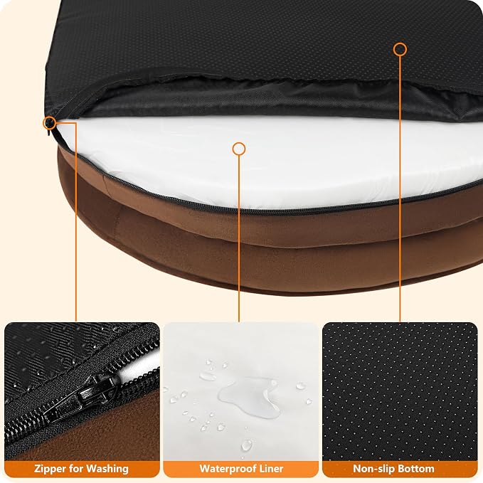 Dwanton Orthopedic Dog Bed for Large Dogs with Gel Memory Foam, Waterproof Dog Sofa, Washable Pet Bed with Four Sided Bolster Cushion, Removable Cover & Non-Slip Bottom, 38", Brown