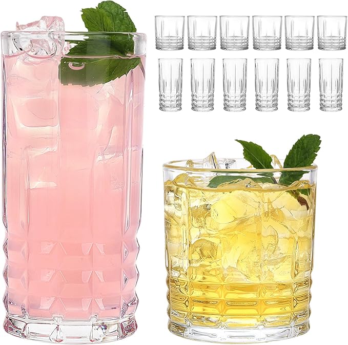 Moretoes Drinking Glasses Set of 12, 6 Highball Glasses 12 Oz,6 Rocks Glasses 10 Oz,Mixed Drink Cocktail Glass, Vintage Embossed Glassware Sets for Whiskey, Cocktails, Water & Juice
