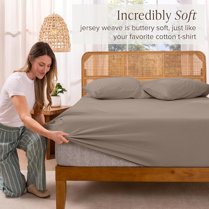 Bare Home 100% Organic Cotton Jersey Fitted Sheet - Queen Size - Ultra Soft - Deep Pocket Fitted Sheet - 100% Cotton - Ring Spun Yarns (Queen, Taupe)