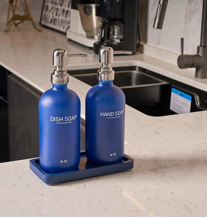 Navy Blue Soap Dispenser Set, Glass Soap Dispenser with Stainless Steel Pump & Tray, Farmhouse Hand Soap Dispenser & Dish Soap Dispenser for Bathroom Kitchen Sink(2 Blue)