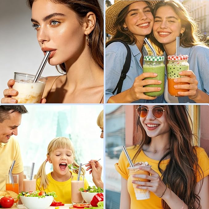 6 Pcs Reusable Metal Straws, 8.5” x 0.47” Extra Wide Metal Straws Reusable Stainless Steel Straws with 2 Cleaning Brush, Metal Milkshake Straw for Smoothies Bubble Beverage, Smoothies Straws