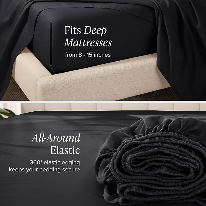 Bare Home 100% Organic Cotton Split Head Flex King Sheet Set - 400 Thread Count - Smooth Sateen Weave - Breathable & Cooling - Hotel Luxury Set - Deep Pocket Bed Sheets (Split Head Flex King, Black)