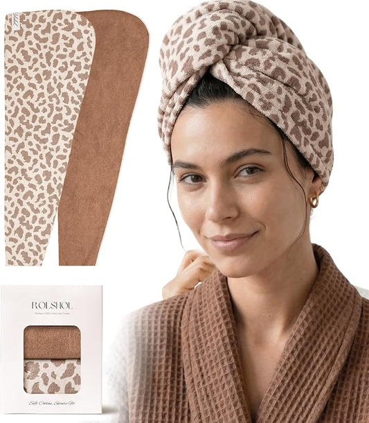 ROLSHOL Cotton Hair Towel Wrap for Women, 2 Pack 100% Cotton Hair Drying Towels for Long, Thick & Curly Hair, 32" x 11" Large Hair Turban for Wet Hair with Elastic Band (Dark Brown)