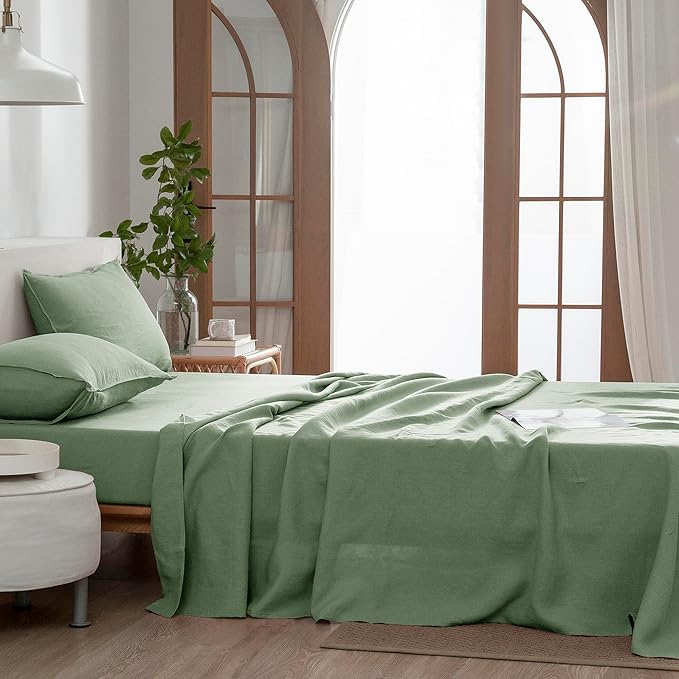 EVERLY Linen Sheets Set Full Size,100% French Stonewash Pure Linen Sheets Set,4Pieces (1Flat Sheet,1Fitted Sheet,2Pillowcase) Suitable for Hot Sleepers,Deep Pocket Natural Bedding Set-Saga Green