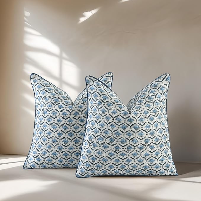 CPC Jeans Blue Block Print Throw Cushion Cover 24 x 24 Inch Set 2 - Decorative Boho Floral Pillow Case for Living Room, Bed, Sofa, Couch, Home Decor Cushion Cover Gift for Spring, Mother's Day