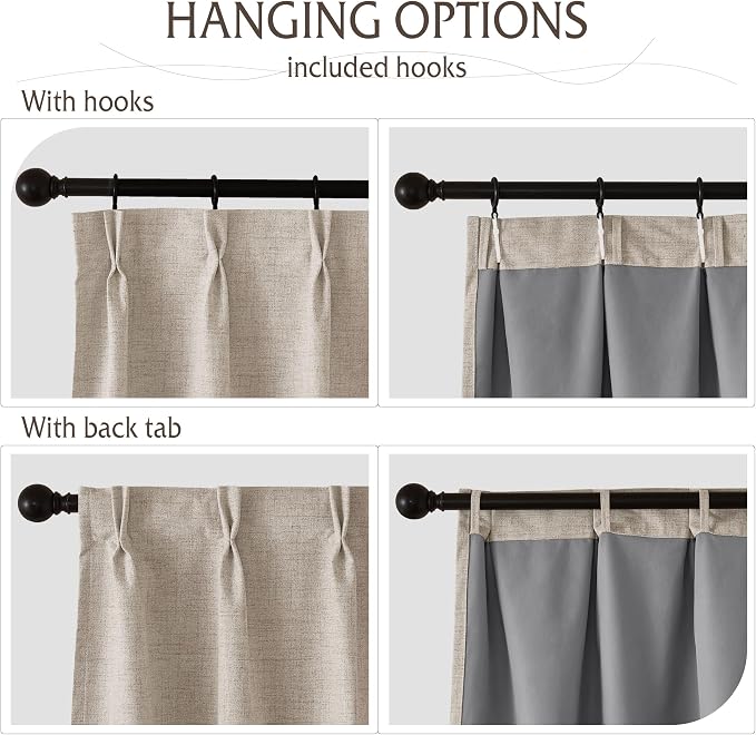 RYB HOME Pinch Pleated Full Blackout Curtains Linen Blended Window Curtains 96 inches for Living Room Bedroom Home Office Privacy Thermal Insulated Drapes, W 42 x L 96 inch, Beige, 2 Panels