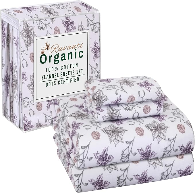 RUVANTI Flannel Sheets King Size - GOTS Certified 100% Organic Cotton, 4 Piece Warm, Soft & Breathable Set, Deep Pocket Snug Fit, Double Brushed Cozy All Season Bedding, Fir Affection