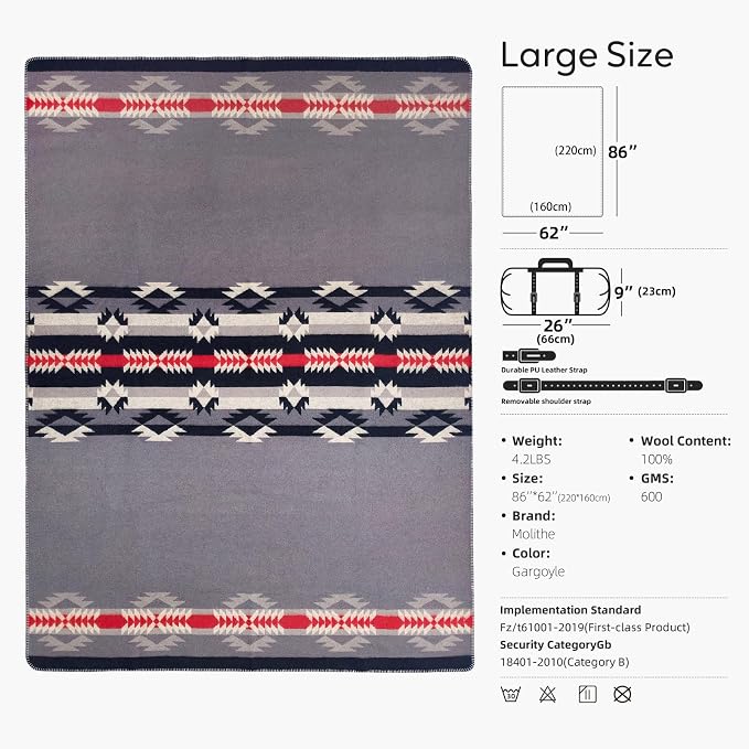 Molithe 100% Wool Blanket, 62" x 86", Warm, Thick, Washable, Military | Great for Camping, Outdoors, Sporting Events, Survival Kits Gargoyle