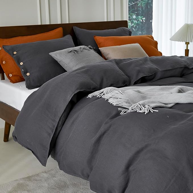 EVERLY 100% Pure Linen Duvet Cover Set California King Size 104X98Inch 3pcs (1 Duvet Cover,2 Pillowcases) Soft and Breathable with Coconut Button Closure,Suitable for Hot Sleepers-Dark Grey