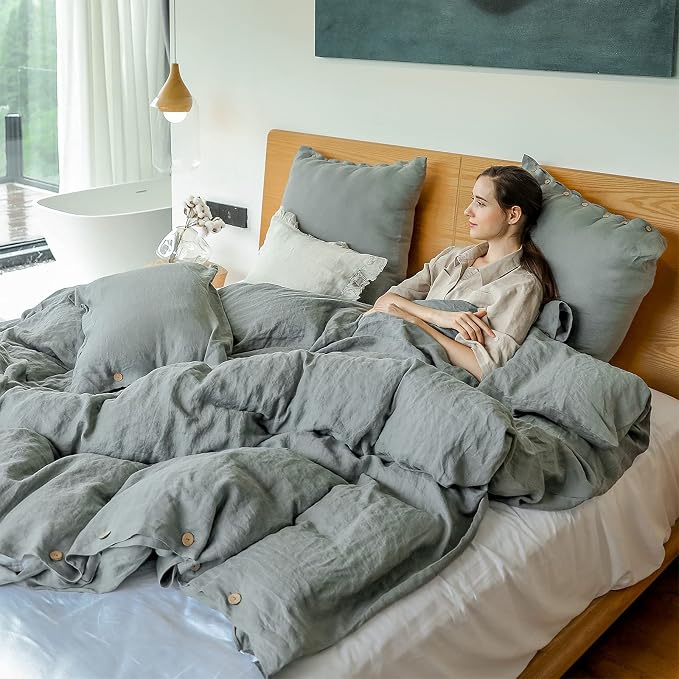 Simple&Opulence 100% Linen Duvet Cover Set 3pcs with Coconut Button Closure Natural French Washed Flax Solid Color Soft Breathable Farmhouse Bedding - Cushing Green, King Size