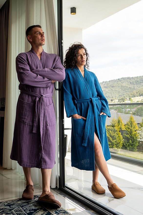 Muslin Unisex Bathrobe Women & Men, 100% Cotton Kimono Lightweight Robe | Long Robes Soft, Absorbent, Spa robes