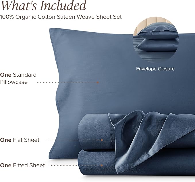 Bare Home 100% Organic Cotton Twin Sheet Set - 400 Thread Count - Smooth Sateen Weave - Breathable & Cooling - Hotel Luxury Set - Deep Pocket Bed Sheets (Twin, Bering Sea)