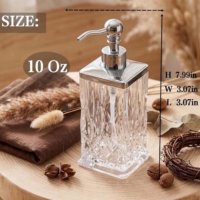2 Pack 10 Oz Glass Soap Dispenser with Rust Proof Stainless Steel Pump,Clear Square Textured Refillable Hand Soap Dispenser with Vertical Fluting for Lotion,Hand Soap, Body Wash for Kitchen & Bathroom
