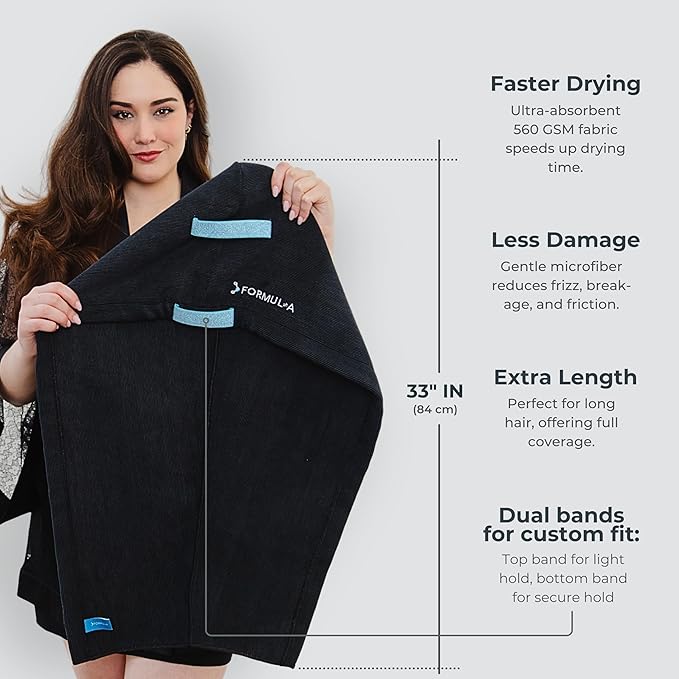 FORMUL-A Microfiber Hair Towel Wrap – Anti Frizz Towel - Fast Hair Drying Towel Wrap – Hair Care Products – Hair Plopping Wrap Towel – Hair Turban for Wet Hair – Super Absorbent (Black/Blue Straps)