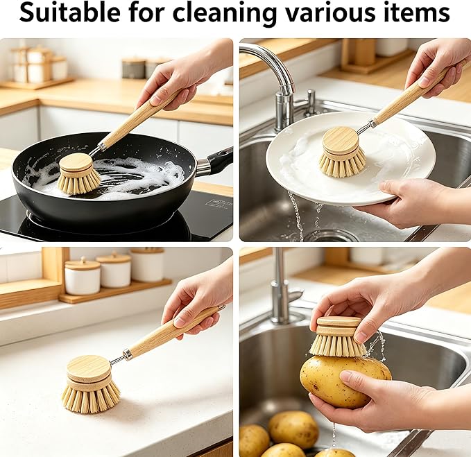 Bamboo Dish Brush with 3 Replacement Heads, Plastic-Free Kitchen Scrub Brush with Long Handle, Natural Sisal Bristle Bamboo Brush for Pans, Dishes, Pot,Veggie and Fruit