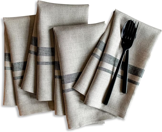 Solino Home Linen Dinner Napkins 20 x 20 Inch - 100% Pure Linen French Stripe Black and Natural Napkins Set of 4 for Summer
