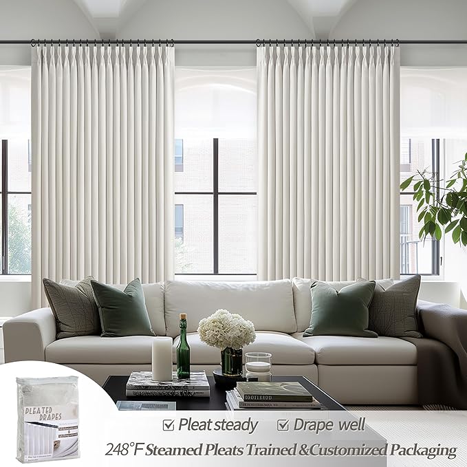 Extra Wide 70 Inch Pinch Pleated Floor to Ceiling Curtains 120 Inches Long for Dining Room, Beige White Blackout Memory Trained Double Layer Linen Insulated Soundproof Drapes Rustic Curtain 2 Panels