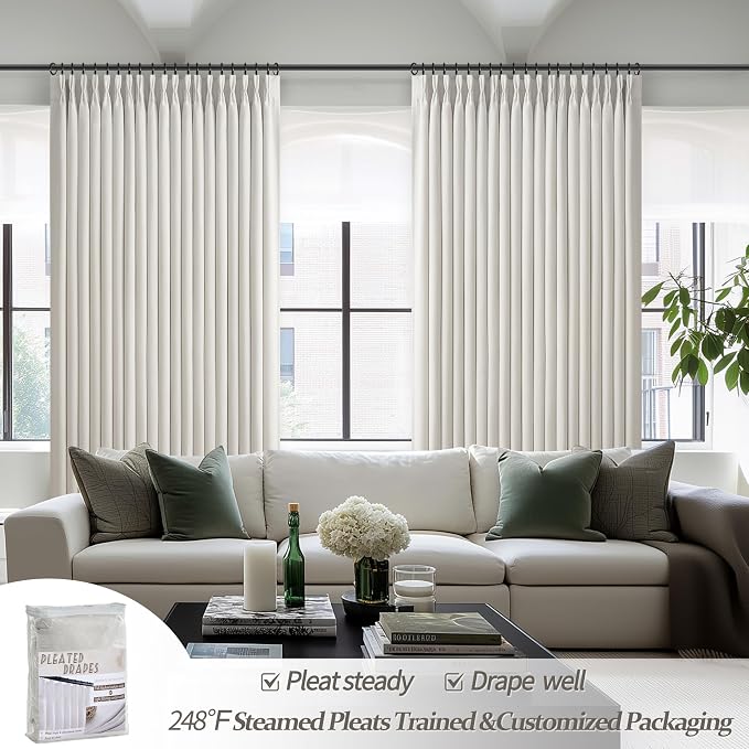 PleatedDrapes Short Blackout Thick Linen Curtains 54 Inch Long 2 Panels Set for Cafe, Off Beige White Memory Trained Pinch Pleated Thermal Cottage Core Basement Window Curtain & Drapes 4-1/2 FT Length