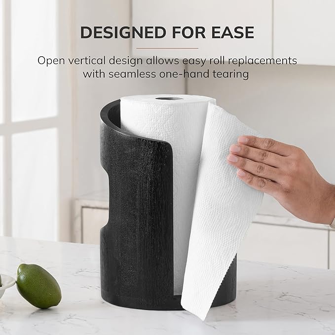 Anji Mountain Wooden Paper Towel Holder Countertop with Mango Wood Round Base and Iron Holder, Holder Stand for Kitchen Roll Organizer & Kitchen Dining Table Home Decor - Black/Black, Arc Hold