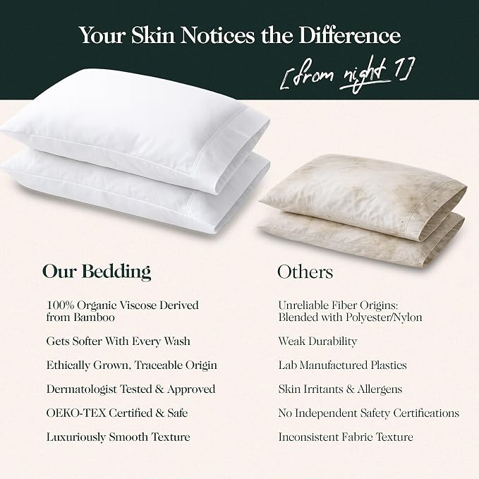 100% Organically Grown Bamboo Viscose Queen Pillowcases Set of 2, Cooling & Breathable, Silky Soft, Double-Stitched with 7-Inch Envelope Flap, Skin Friendly 2 Pcs, White