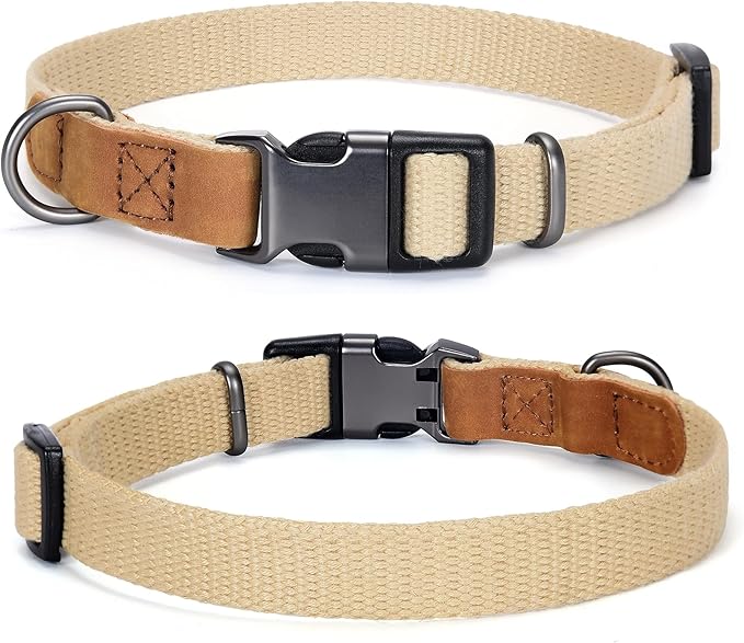 Mile High Life Genuine Leather Dog Collar, Soft Cotton Pet Collars with Heavy Metal Buckle for Small Large Dogs (Khaki, M Neck 15"-18")