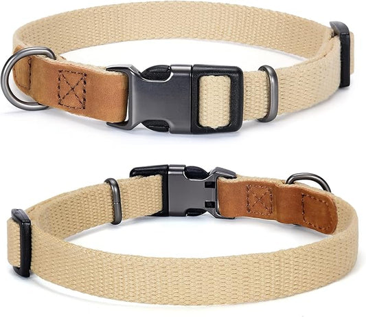 Mile High Life Genuine Leather Dog Collar, Soft Cotton Pet Collars with Heavy Metal Buckle for Small Large Dogs (Khaki, M Neck 15"-18")