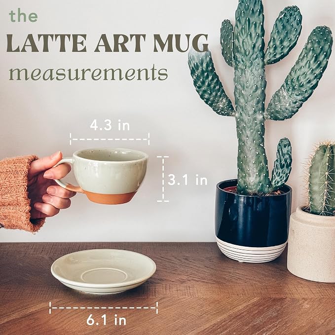 MORA Ceramic Latte Art Mug With Saucer - 10.5 oz, Round Bottom For Perfect Pours - Cafe Cups for Cappuccino, Espresso, Coffee, Tea etc - Porcelain Set for Baristas, Great Gift - Light Matcha