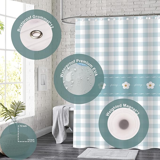 Plastic Shower Curtain Liner, Premium EVA 5G Classic Plaid Shower Curtain, Shower Curtains for Bathroom with 3 Magnetic Weights and Rustproof Grommets (Classic Plaid, 72x72 in)