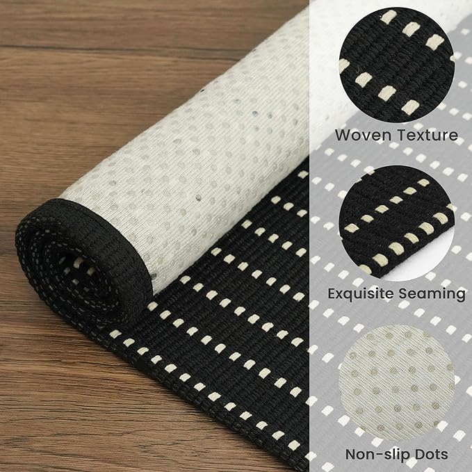 EARTHALL Washable Runner Rug 2x6 Ft Non Slip Runners for Hallways Cotton Rubber Backed Kitchen Runner Braided Indoor Floor Carpet Runners for Entryway, Hallway, Kitchen, Bedroom, Black/Cream