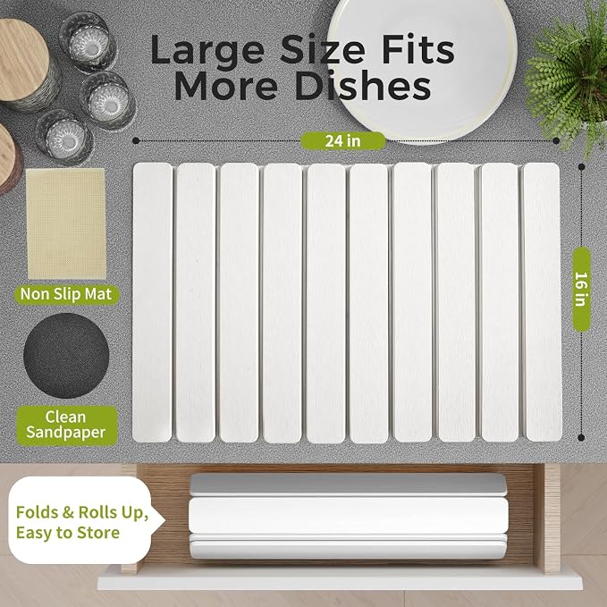 24’’ Larger Stone Dish Drying Mat [Super Absorbent, 30s Quick Drying] Stone Drying Mat for Kitchen Counter Collapsible Drying Matt Kitchen Counter Dish Drying Stone Mat Kitchen Sink Diatomaceous Earth