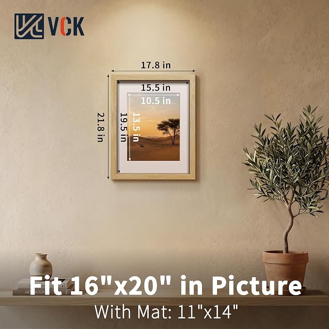 VCK 16x20 Picture Frames Natural - 3 Pack, Wide Border Solid Wood, Tempered Glass, Display 11x14 Photo with Mat or 16 x 20 Without, for Home, Office, Gallery, Woodgrain Series, Wall Hanging