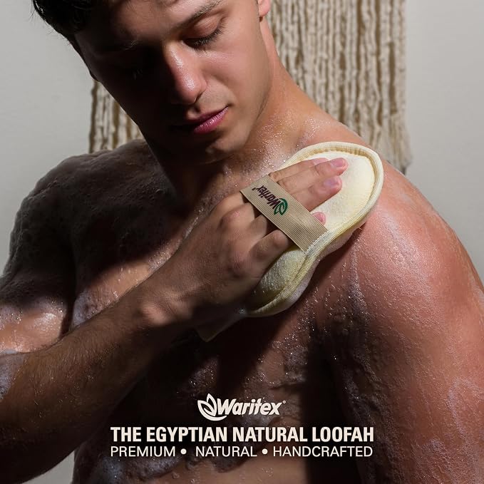 Waritex Organic Egyptian Loofah Oval Exfoliating Body Scrubbers [2 Pack] | Natural Loofah Shower Pads with Hand Strap for Gentle Skin Exfoliation, Smooth & Refreshing Skin, Face & Body Spa Experience