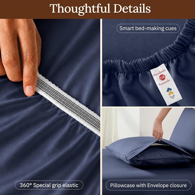 California Design Den Twin Size Sheets Set - 100% Organic Cotton Twin Sheet Set, Soft and Lightweight Sateen, Deep Pockets, Durable Bedding - Navy