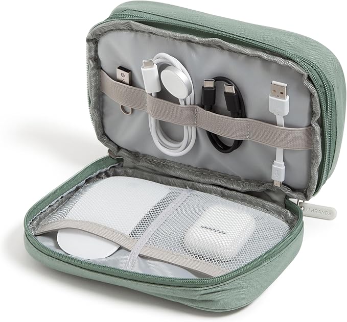 U Brands Canvas Tech Organizer Pouch 9 Compartments, 7.8 x 5 Inch Cable Organizer Bag for Travel, Cord Organizer for Cables, Earbuds, Flash Drives and Accessories – Eucalyptus