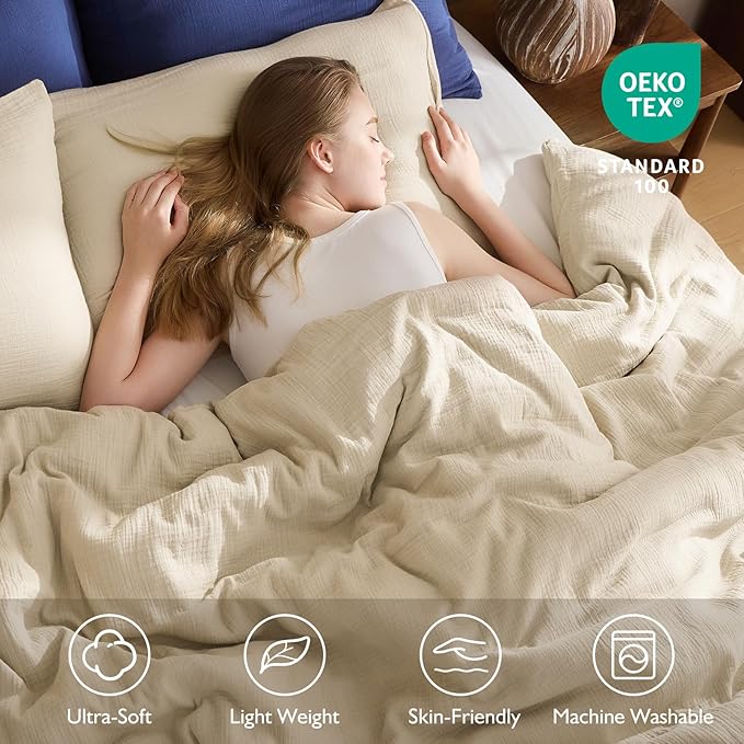 EMME Muslin Duvet Cover Set 100% Cotton Queen Size Linen Like Soft Breathable Lightweight Summer Comforter Cover Set with Zipper Closure (Queen, 90"x90")