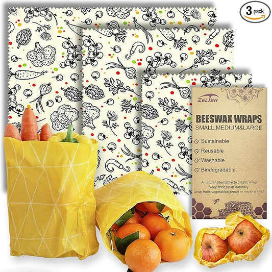 Zelten Beeswax Reusable Food Wraps - (3 Packs, 3 Sizes S,M,L) Plastic and Silicone Free, Eco-friendly Wrap, Wax Paper for Food,Vegetable